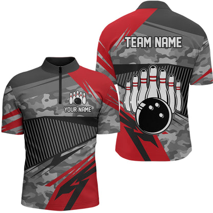 Red Camo Bowling Shirts for Women Men Custom Team Bowling Polo & 1/4 Zip Shirt MBL61