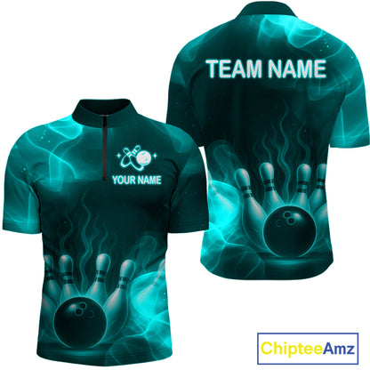 Teal Flaming Bowling Shirts for Women Men Custom Team Bowling Polo & Quarter Zip MBL140