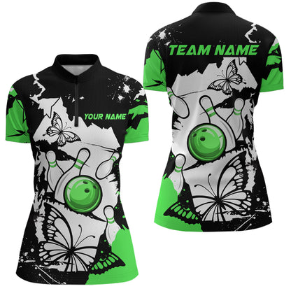 Custom Green Butterflies Bowling Shirt for Men Women Team Bowling Polo&Quater Zip MBL76