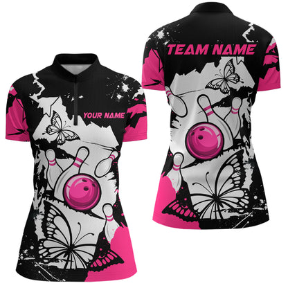 Custom Pink Butterflies Bowling Shirt for Men Women Team Bowling Polo&Quater Zip MBL76