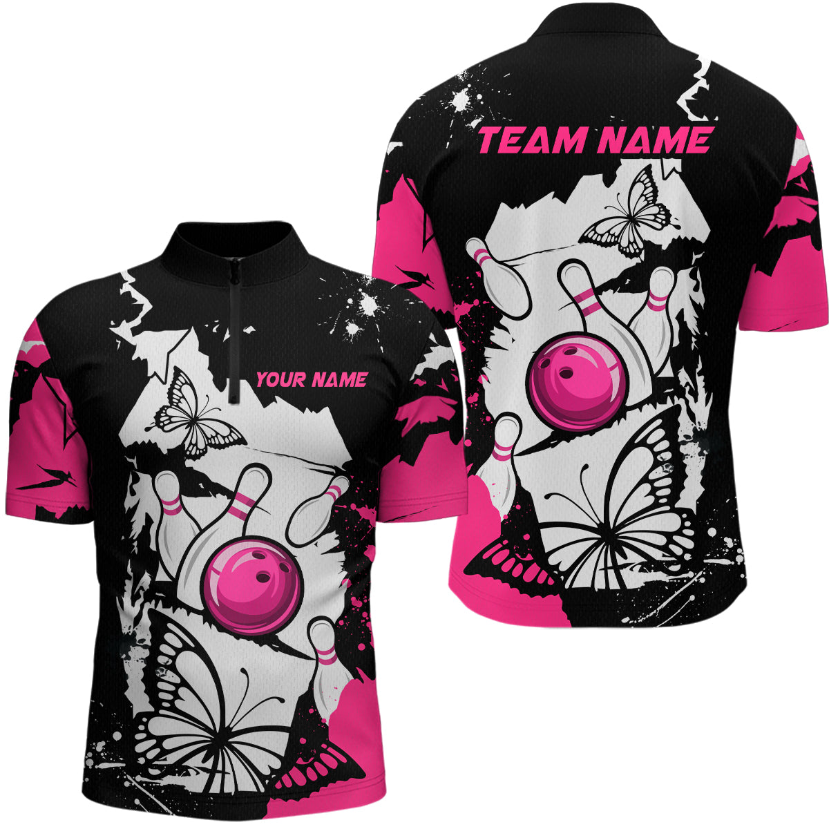 Custom Pink Butterflies Bowling Shirt for Men Women Team Bowling Polo&Quater Zip MBL76
