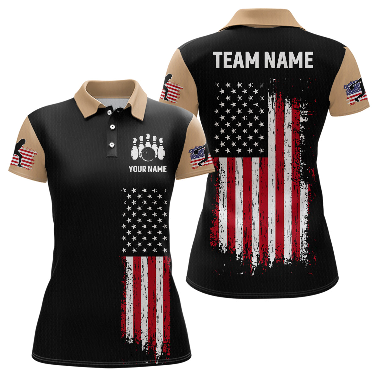 American Flag Brown Bowling Shirts for Men Women Team Bowling Jersey Polo & 1/4 Zip MBL17