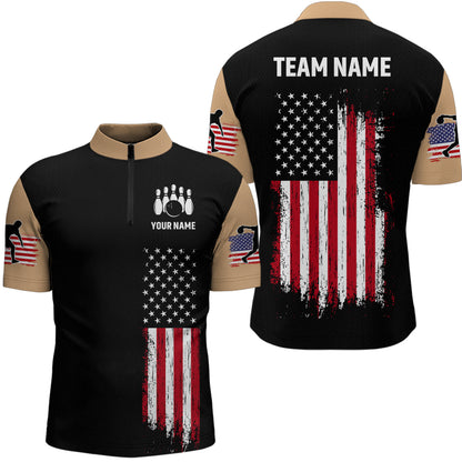 American Flag Brown Bowling Shirts for Men Women Team Bowling Jersey Polo & 1/4 Zip MBL17