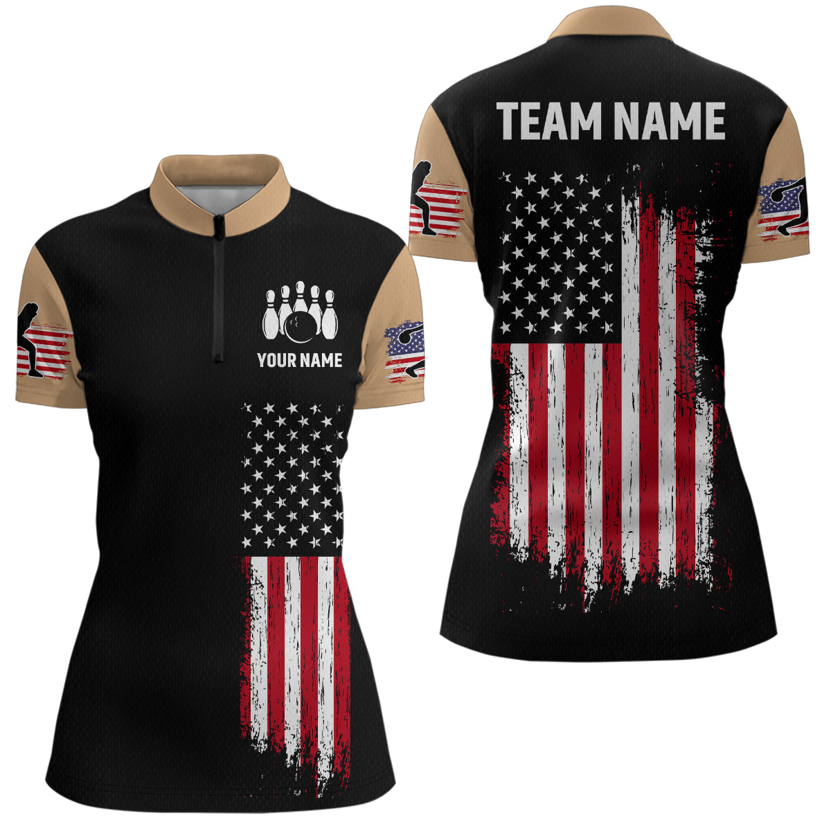 American Flag Brown Bowling Shirts for Men Women Team Bowling Jersey Polo & 1/4 Zip MBL17