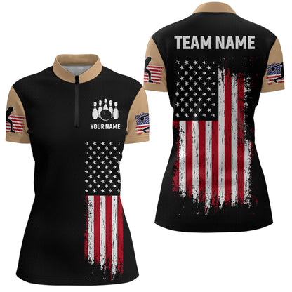 American Flag Brown Bowling Shirts for Men Women Team Bowling Jersey Polo & 1/4 Zip MBL17