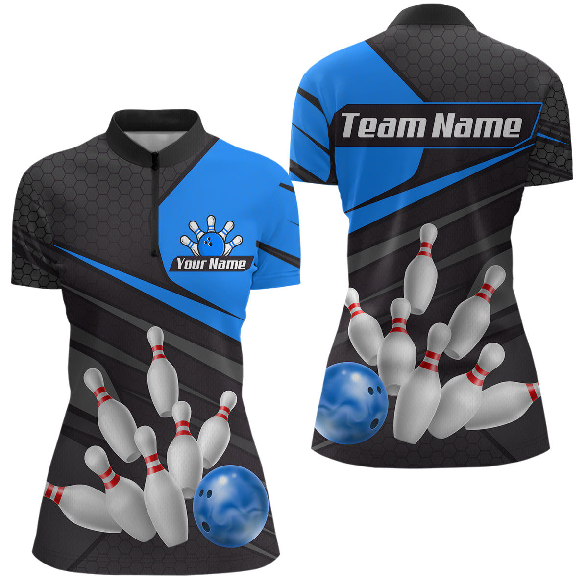 Blue Bowling Shirt for Men&Women Team Bowling Jersey Colorful Bowling Polo & 1/4 Zip MBL49