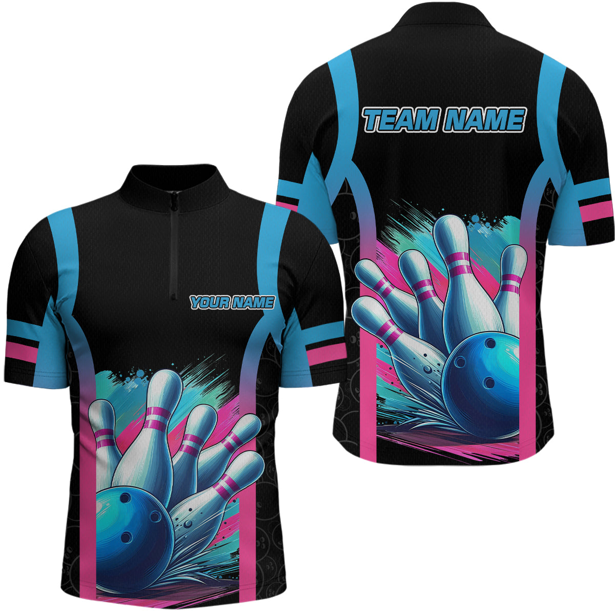 Pink&Blue Bowling Shirt for Men Women Team Bowling Jersey Bowling Polo & 1/4 Zip MBL57