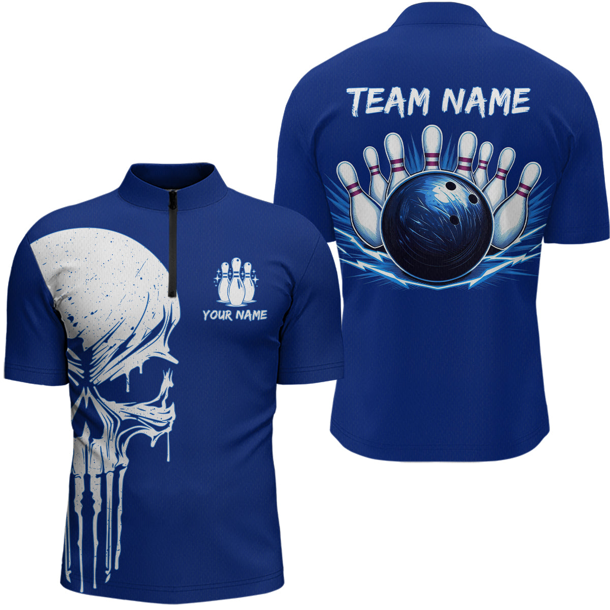 Custom Skull Bowling Shirt Blue Bowling Jersey for Men Women Team Polo&1/4 Zip MBL58