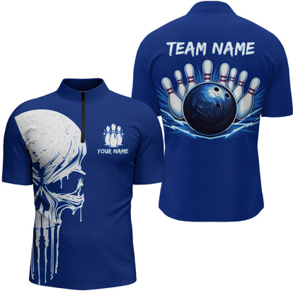Custom Skull Bowling Shirt Blue Bowling Jersey for Men Women Team Polo&1/4 Zip MBL58