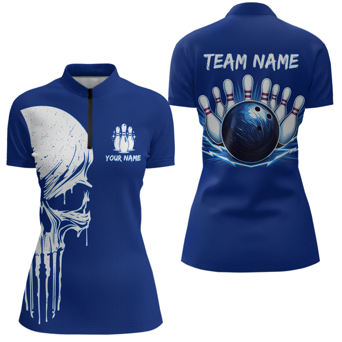 Custom Skull Bowling Shirt Blue Bowling Jersey for Men Women Team Polo&1/4 Zip MBL58