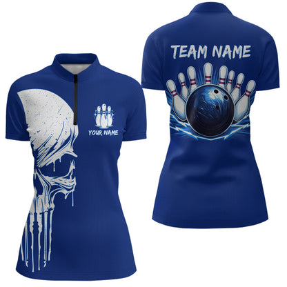 Custom Skull Bowling Shirt Blue Bowling Jersey for Men Women Team Polo&1/4 Zip MBL58