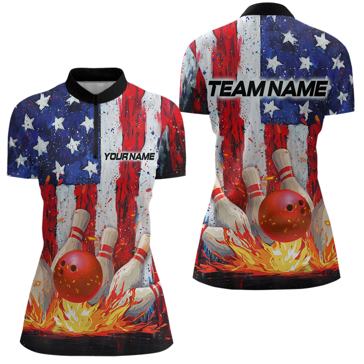 Fire American Flag Bowling Shirt Patriotic Bowling Jersey Men Women Team Polo&1/4 Zip MBL65