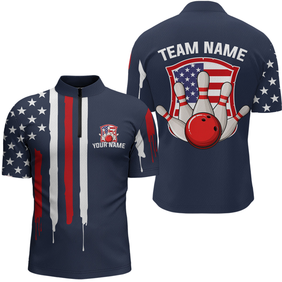 American Flag Bowling Shirt Patriotic Bowling Jersey for Men Women Bowling Polo&1/4 Zip MBL25