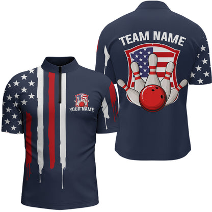 American Flag Bowling Shirt Patriotic Bowling Jersey for Men Women Bowling Polo&1/4 Zip MBL25