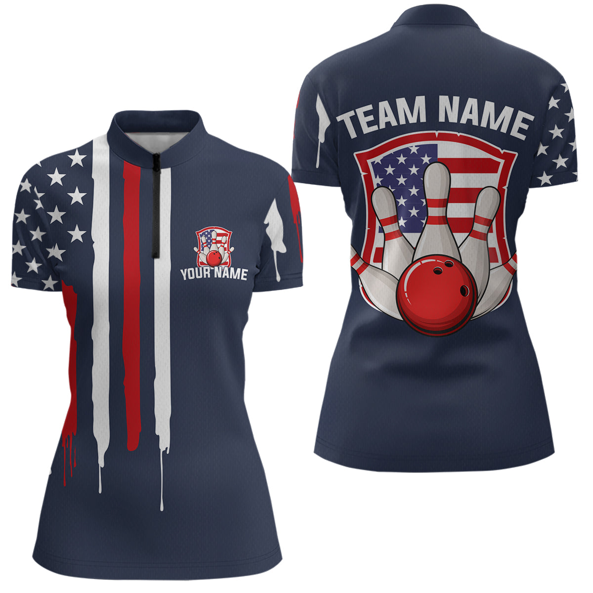 American Flag Bowling Shirt Patriotic Bowling Jersey for Men Women Bowling Polo&1/4 Zip MBL25