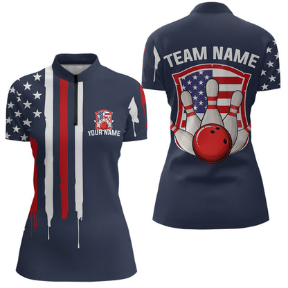 American Flag Bowling Shirt Patriotic Bowling Jersey for Men Women Bowling Polo&1/4 Zip MBL25