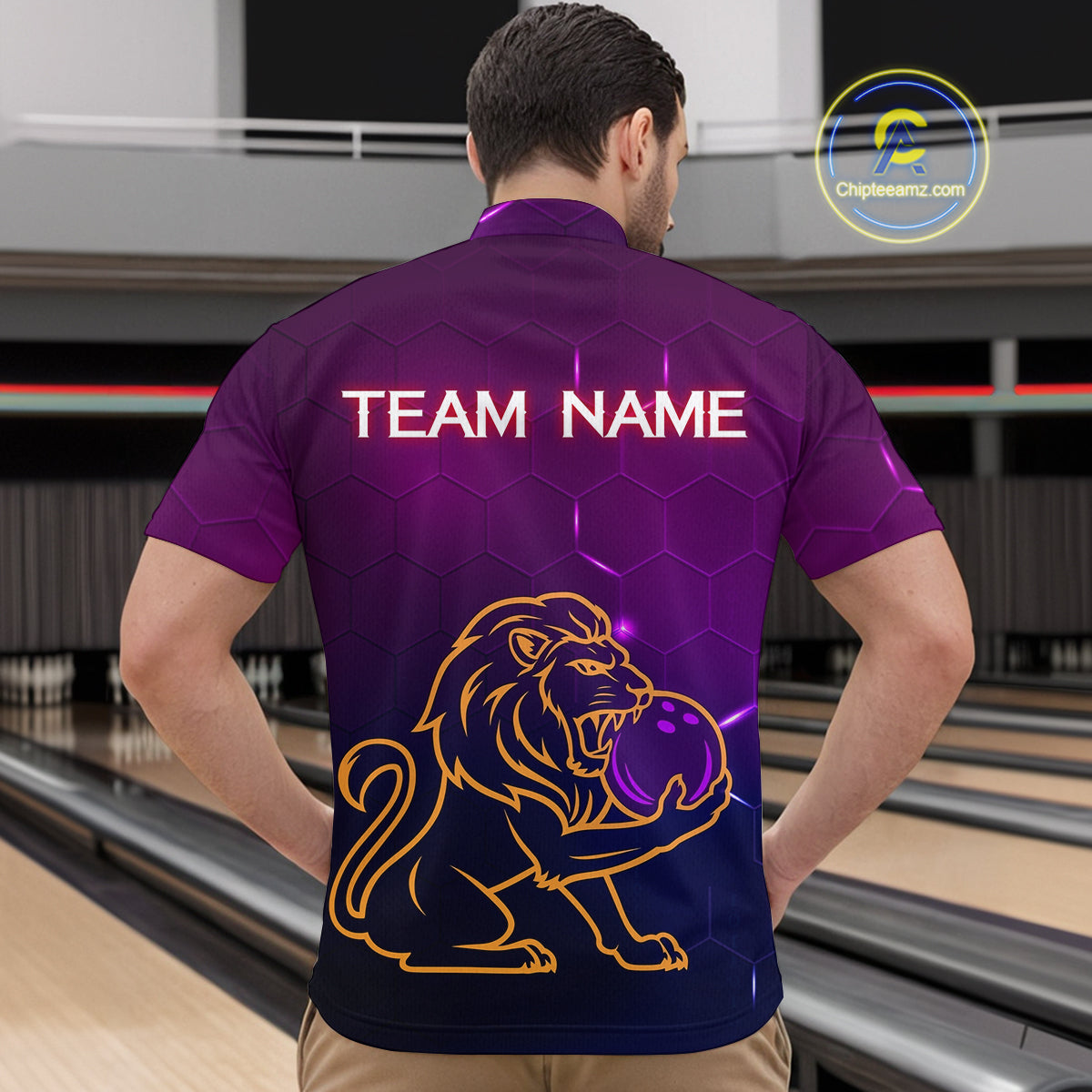 Neon Purple Lion Bowling Shirts for Men Women Team Bowling Jerseys Polo and Zip Shirt MBL165