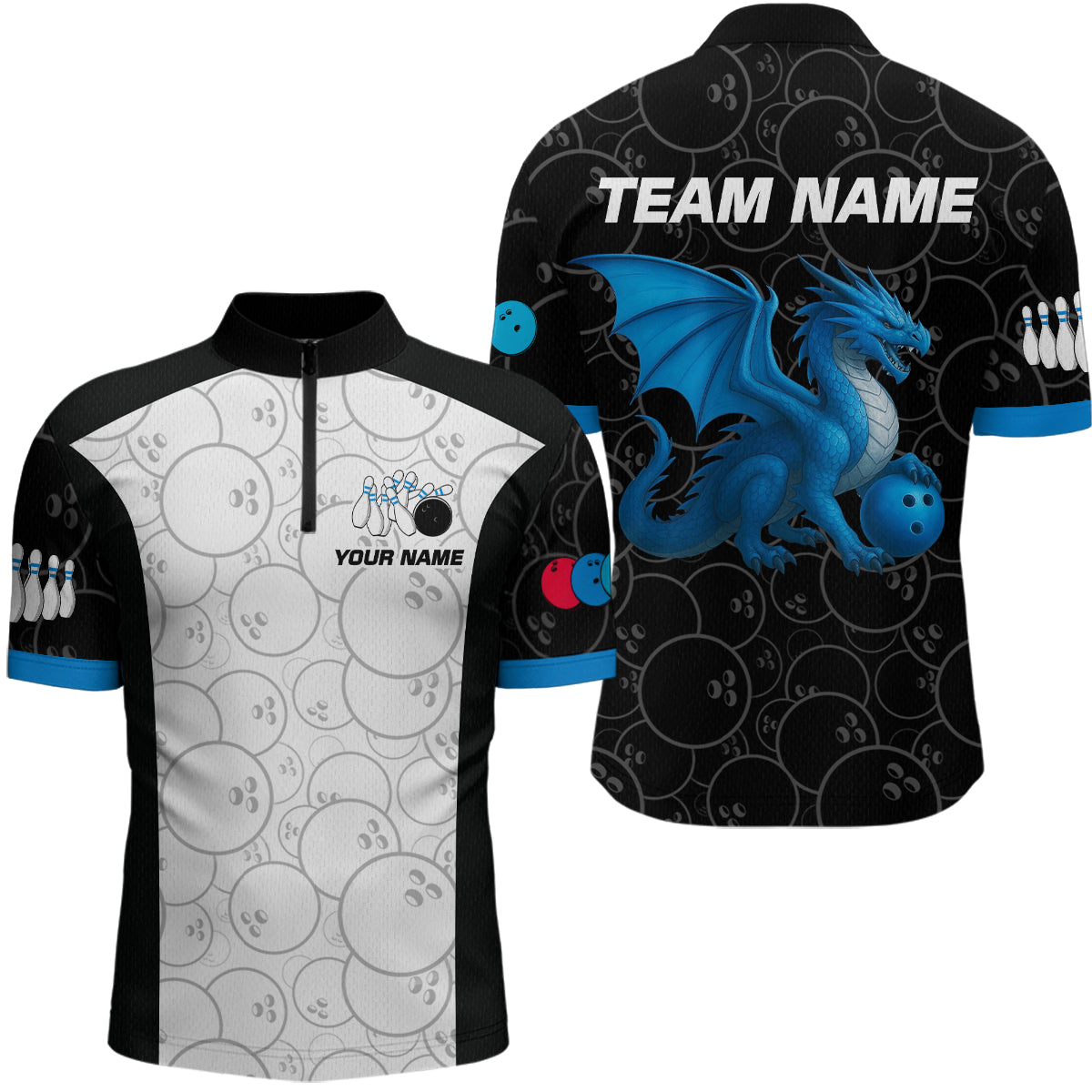 Custom Blue Dragon Bowling Shirts for Men Women Team Bowling Polo & Quarter Zip MBL86