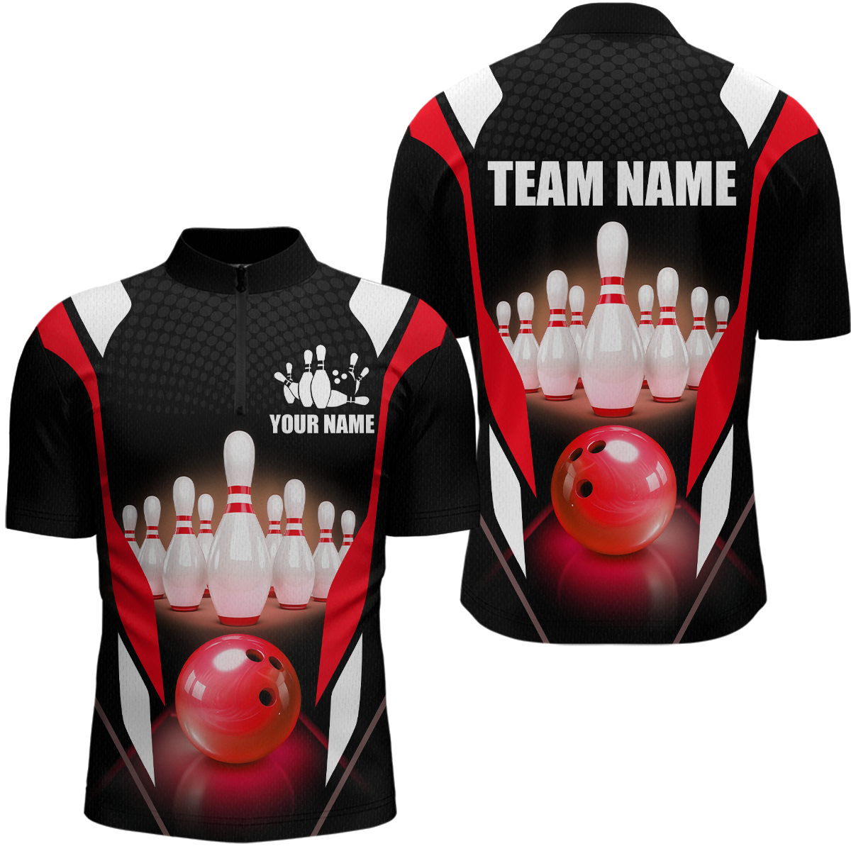Red Bowling Shirt for Men and Women Bowling Jersey with Team Bowling Polo & 1/4 Zip MBL42