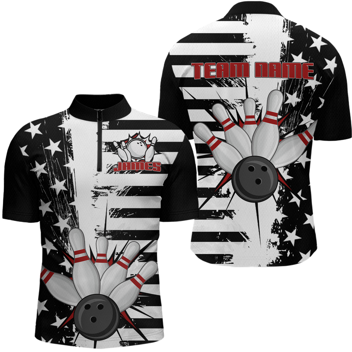 American Flag Bowling Shirt for Men Women Team Bowling Jersey Bowling Polo&1/4 Zip MBL18