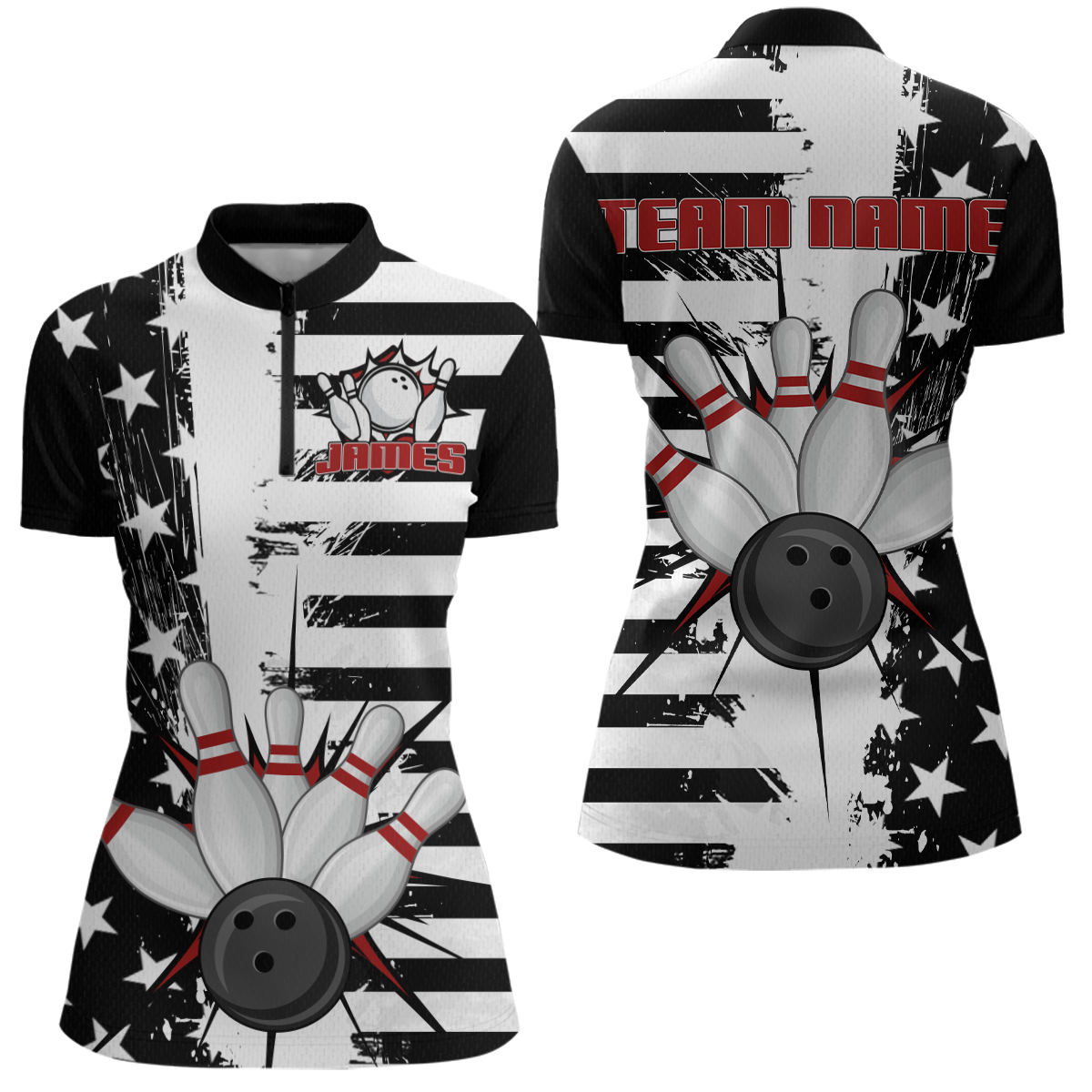 American Flag Bowling Shirt for Men Women Team Bowling Jersey Bowling Polo&1/4 Zip MBL18