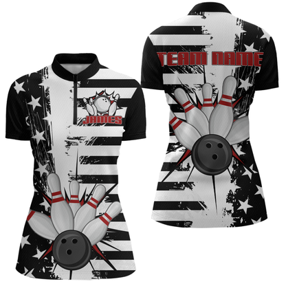 American Flag Bowling Shirt for Men Women Team Bowling Jersey Bowling Polo&1/4 Zip MBL18