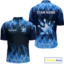 Load image into Gallery viewer, Custom Blue Flame Bowling Jersey for Men Bowling Uniform Polo &amp; 1/4 Zip Bowling Team Shirts HNT106
