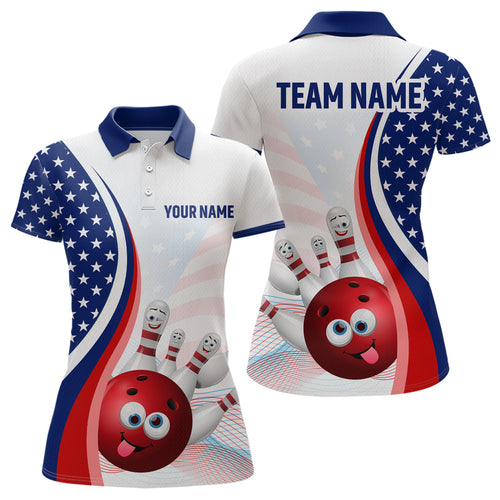 Personalized US Flag Funny Bowling Shirt for Women 3D Bowling Jersey Shirts Polo & Quarter-zip with Team HNT08