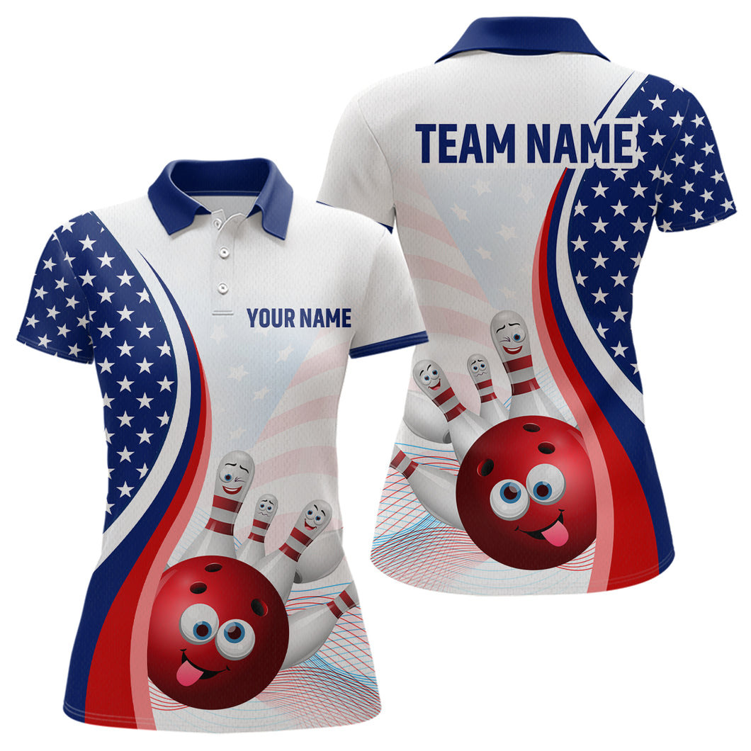 Personalized US Flag Funny Bowling Shirt for Women 3D Bowling Jersey Shirts Polo & Quarter-zip with Team HNT08