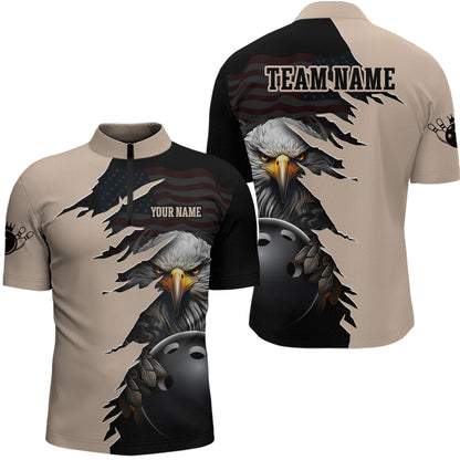 US Flag Eagle 3D Bowling Shirt for Men Custom Name Polo & Quarter-zip Bowling Jersey with Team HNT05