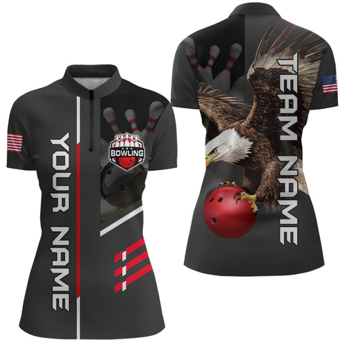 Personalized US Flag Eagle Bowling Shirt Bowling Jersey for Women Polo & 1/4 Zip Shirt Team League HNT24