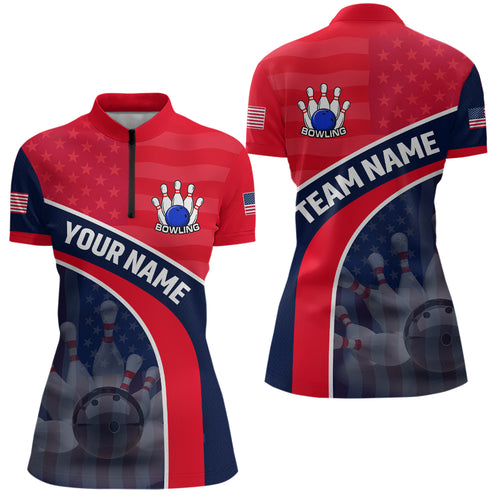 Personalized US Flag Bowling Jersey for Women Bowling Gifts Bowling Team Jersey with Name Polo & 1/4 Zip HNT28