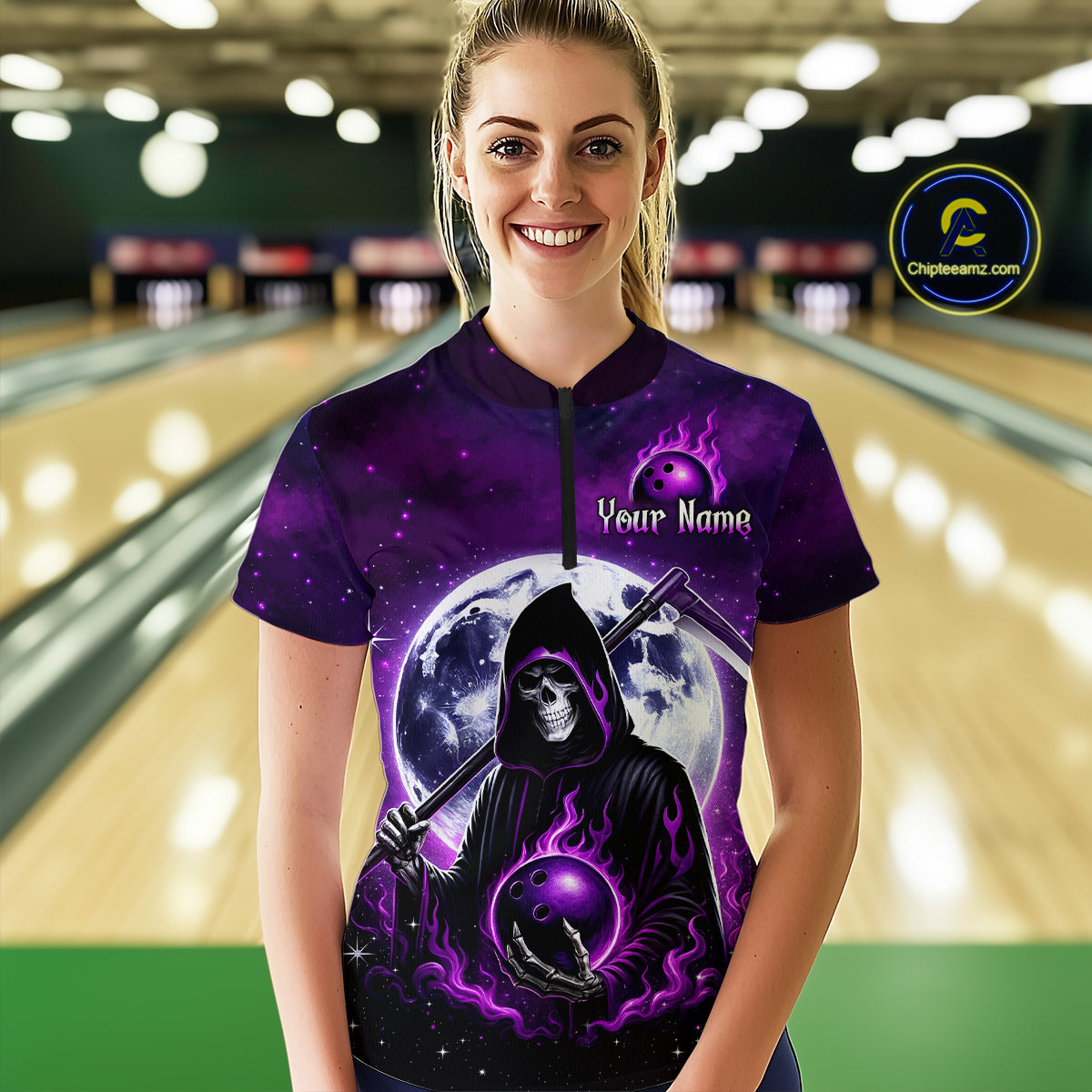 Custom Purple Skeleton Bowling Jersey for Women Bowling Uniform Polo & 1/4 Zip Bowling Team Shirts HNT109