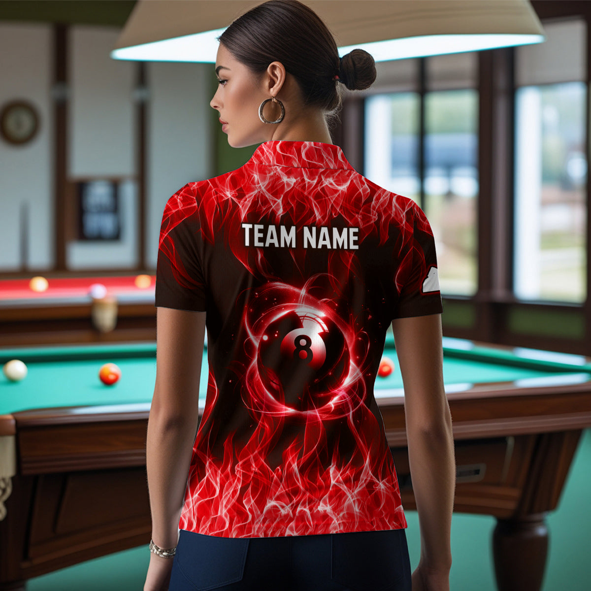 Red Flaming 8 Ball Pool Shirts Women Billiard Polo & 1/4 Zip Shirts Billiard Team Jerseys NNT10