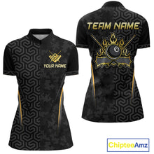 Load image into Gallery viewer, Custom Black Gold 8 Ball Flame Billiard Shirts for Women, Billiard Team Polo &amp; 1/4 Zip Shirts NNT61