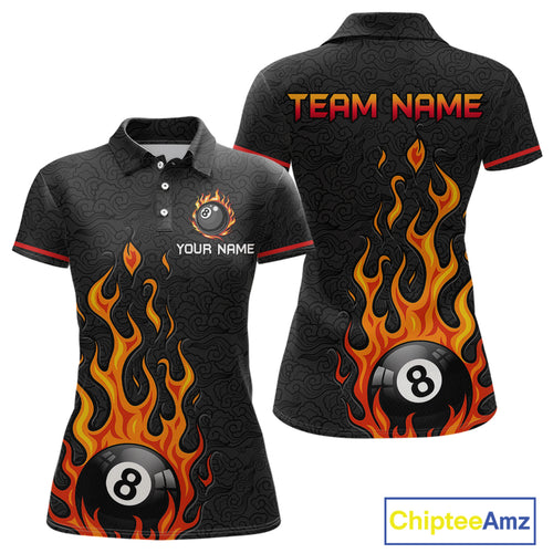 Custom 8 Ball Flame Billiard Shirts for Women Billiard Team Jerseys Polo & 1/4 Zip Shirts NNT50