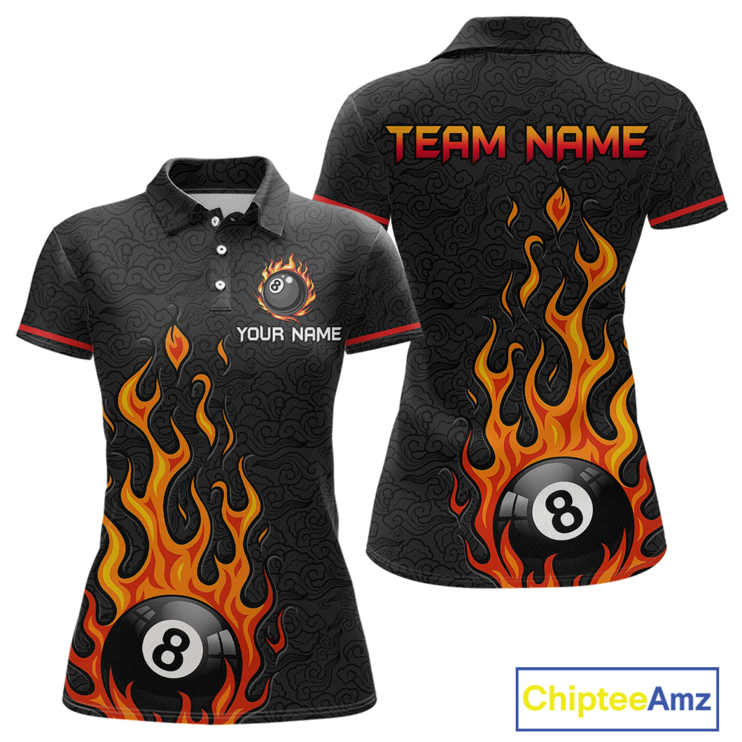 Custom 8 Ball Flame Billiard Shirts for Women Billiard Team Jerseys Polo & 1/4 Zip Shirts NNT50