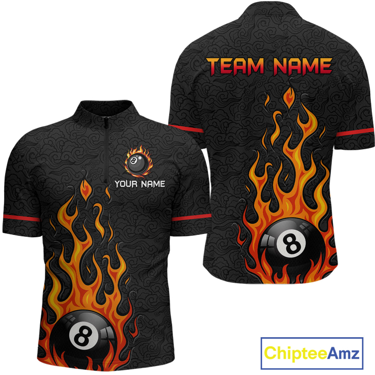 Custom 8 Ball Flame Billiard Shirts for Men Billiard Team Jerseys Polo & 1/4 Zip Shirts NNT50