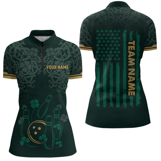 Custom Name St Patrick's Day US Flag Bowling Shirt Women Team Polo & 1/4 Zip Shirts Bowling Team HNT14