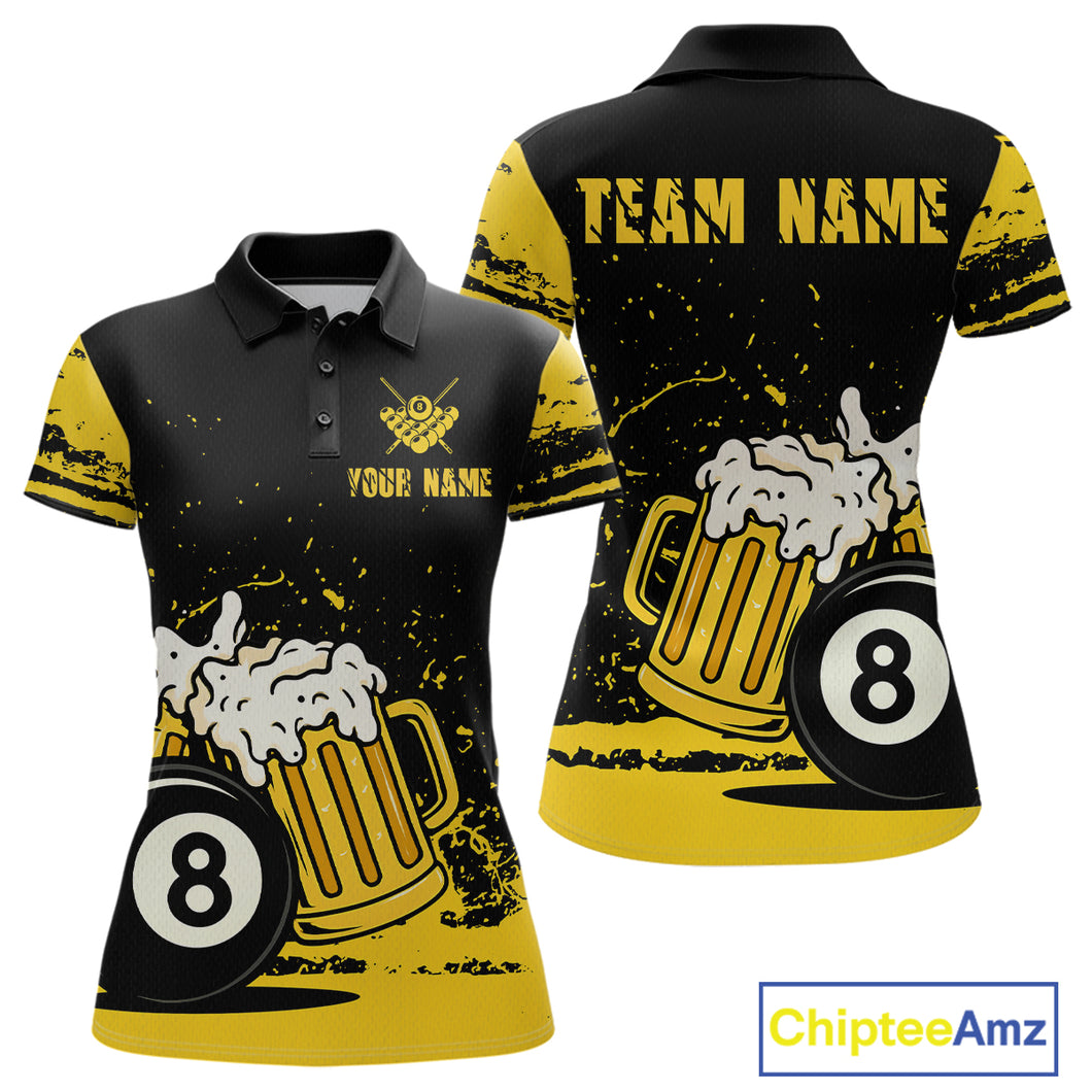 Custom Black and Yellow 8 Ball Beer Billiard Shirts for Women, Billiard Team Polo & 1/4 Zip Shirts NNT68