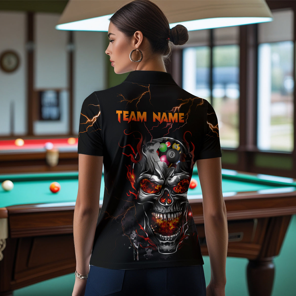 Thunder Skull Billiard Jerseys Women Polo & 1/4 Zip Shirt Skull 8 Ball Pool Billiard NNT03