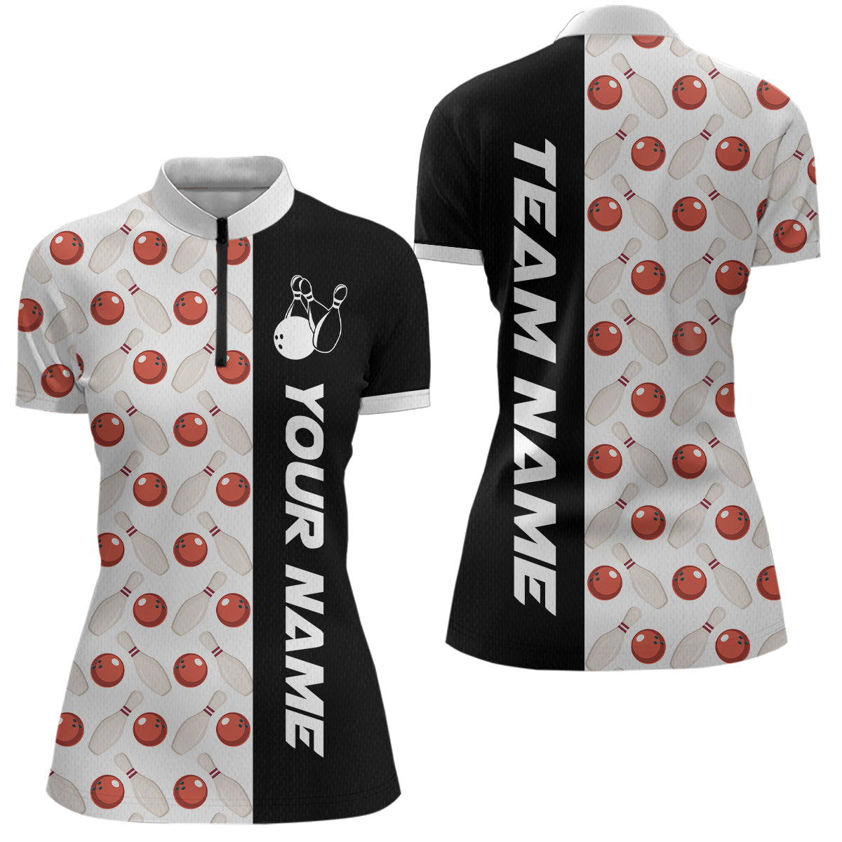 White Bowling Pattern Custom Women Bowling Polo & Quarter-Zip Shirts Bowling Team Jerseys HNT45