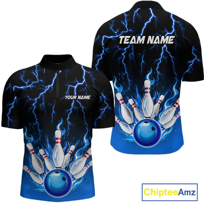 Blue Thunder Bowling Custom Men Bowling Shirt Polo & Quarter-Zip Bowling Team Shirts HNT71