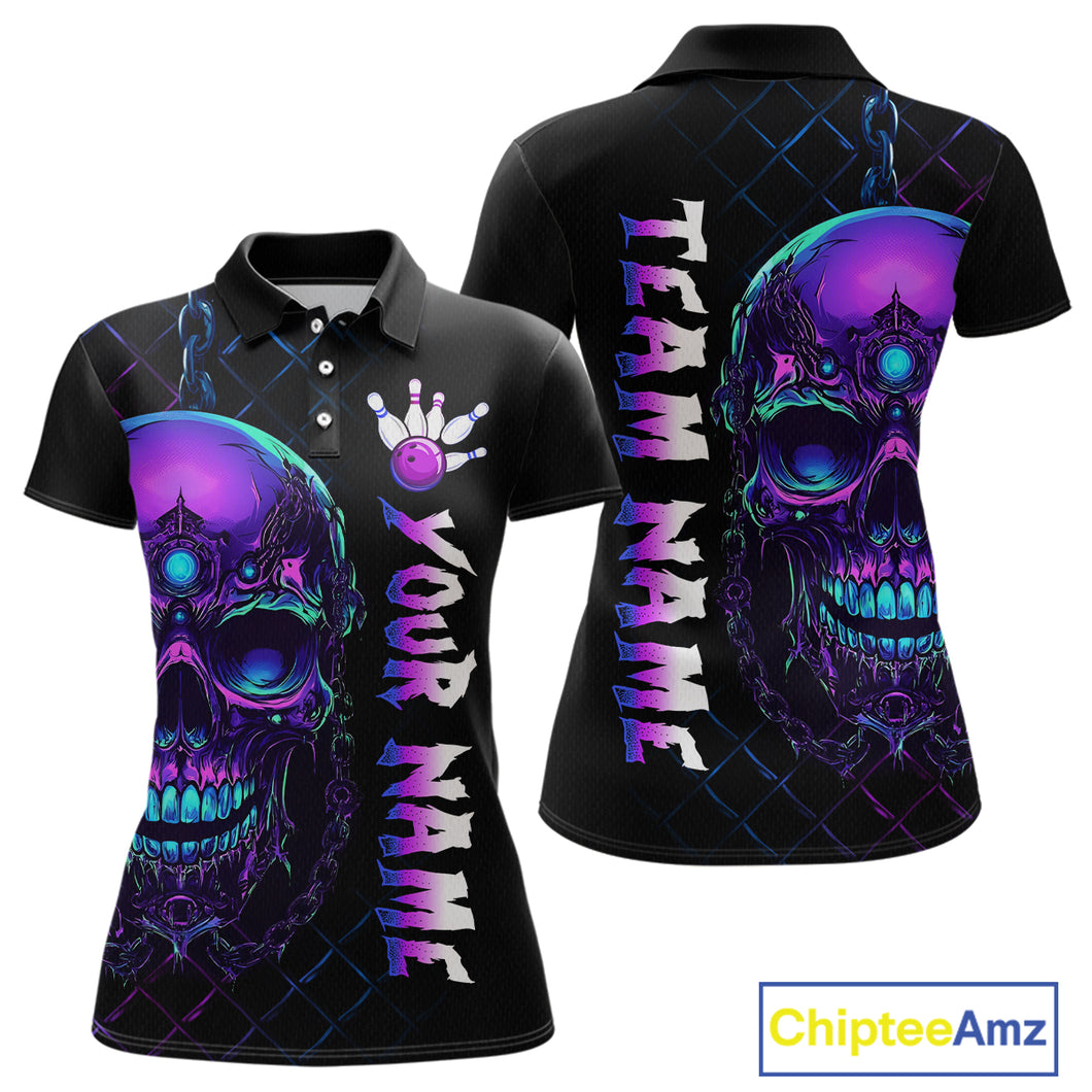 Purple Skull Bowling Custom Women Bowling Shirt Polo & Quarter-Zip Bowling Team Jerseys HNT51