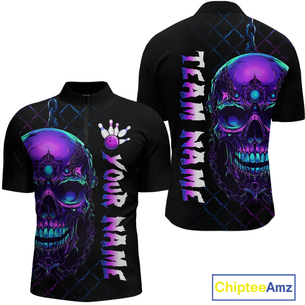 Purple Skull Bowling Custom Men Bowling Shirt Polo & Quarter-Zip Bowling Team Jerseys HNT51