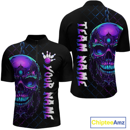 Purple Skull Bowling Custom Men Bowling Shirt Polo & Quarter-Zip Bowling Team Jerseys HNT51