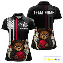 Load image into Gallery viewer, Custom American Flag Bear Bowling Women Polo &amp; 1/4 Zip Shirts Bowling Team Jerseys HNT90
