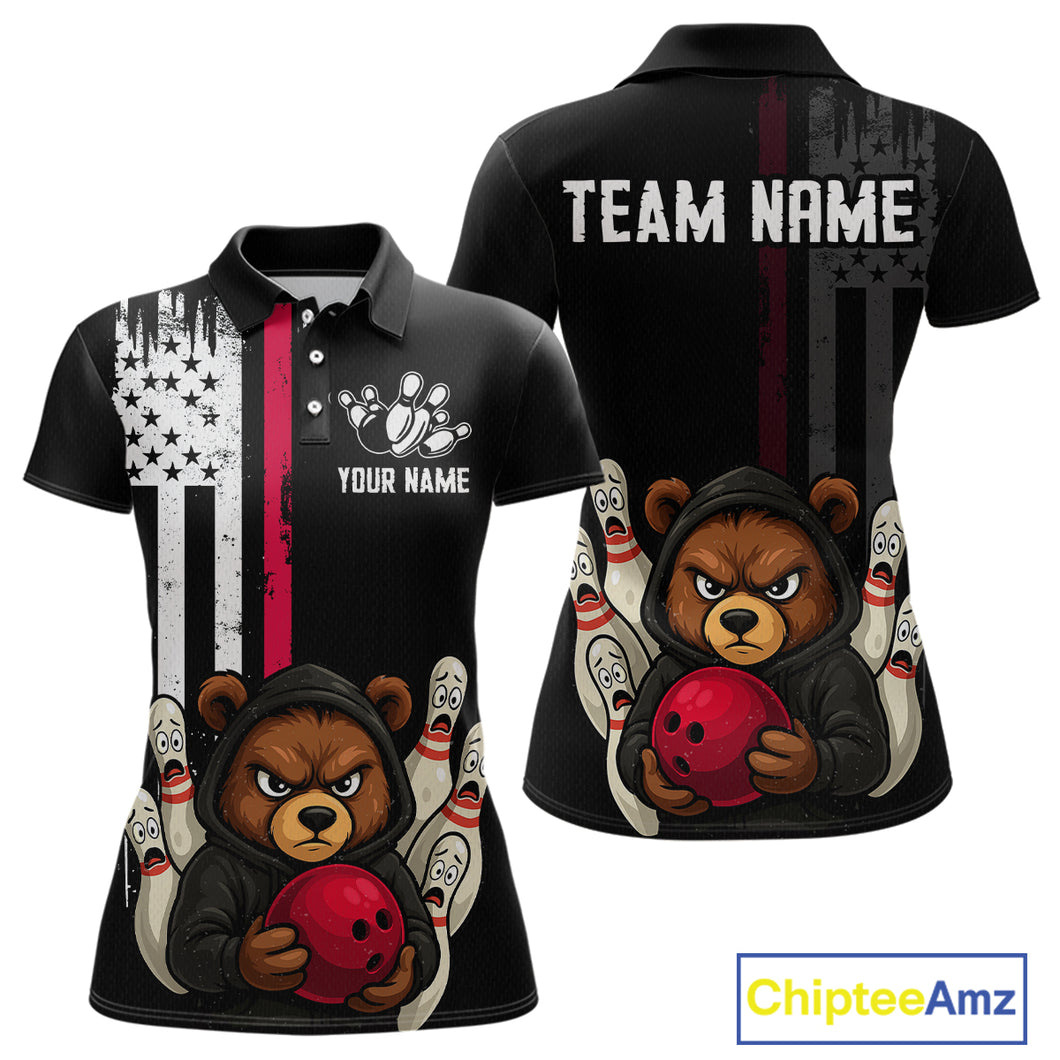 Custom American Flag Bear Bowling Women Polo & 1/4 Zip Shirts Bowling Team Jerseys HNT90