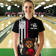 Load image into Gallery viewer, Custom American Flag Bear Bowling Women Polo &amp; 1/4 Zip Shirts Bowling Team Jerseys HNT90