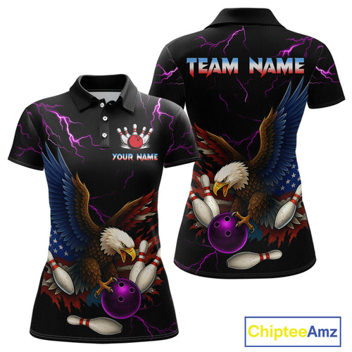 Purple Thunder US Flag Eagle Bowling Shirts for Women Team Bowling Polo & Quarter-Zip HNT96